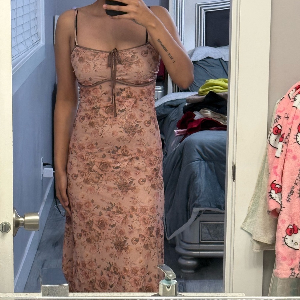 SHEIN Floral Midi Dress - Brown and Pink